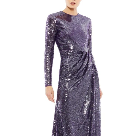 MAC DUGGAL 10824 SEQUINED HIGH NECK LONG SLEEVE DRAPED DARK AMETHYST GOWN sz 10 - Picture 1 of 7